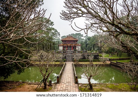 Minh Lau pavilion and Trung Dao bridge at Ming Mang Emperor Tomb in Hue, Vietnam
