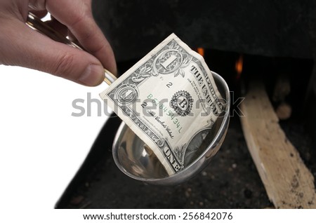 Dollar bill instead of soup in ladle, food prices increasing concept, isolated on white