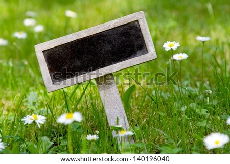 Blank signboard angular in the meadow and flowers