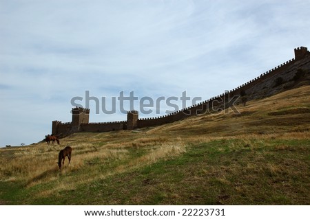 old fort and horses. landscape