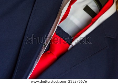 men\'s blue suit and red tie