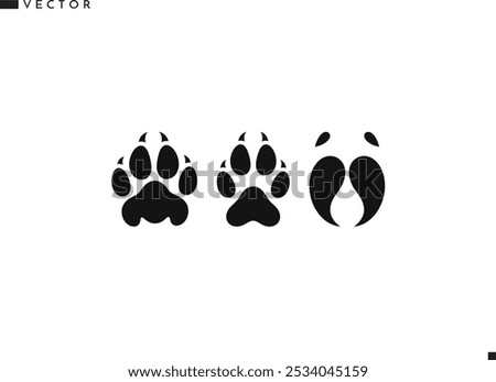 Paw print silhouette. Isolated bull cow leopard wolf and fox paw prints vector