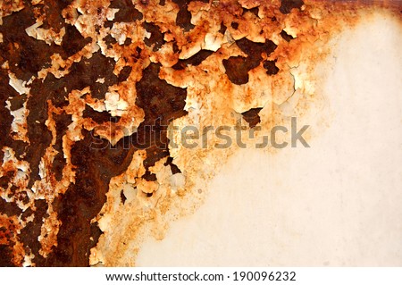 metal rust background, white metal plate with half rusty part. Rusted white painted metal wall. Metal texture with white paint and rust. Damaged paint on the metal surface