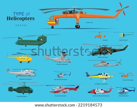 Various types of helicopters. Large vector set of helicopters with type names Foto d'archivio © 