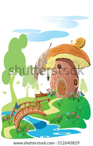 fairy mushroom house on the meadow