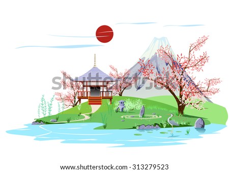 Japan landscape with lake and mountain