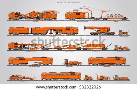 The railroad equipment machines. The railroad construction vehicles.