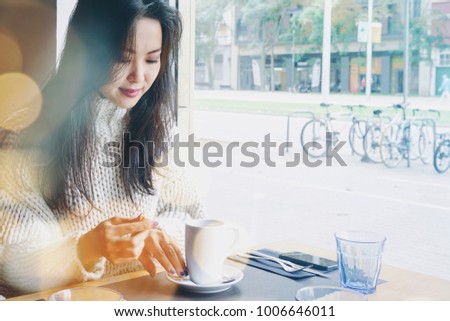 Similar – Image, Stock Photo Breakfast Smiley, A shared bread on the plate. With ketchup a smiley face. On the right a fork on a wooden table.