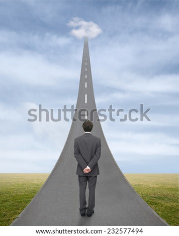 businessman walking on the way up into the cloud