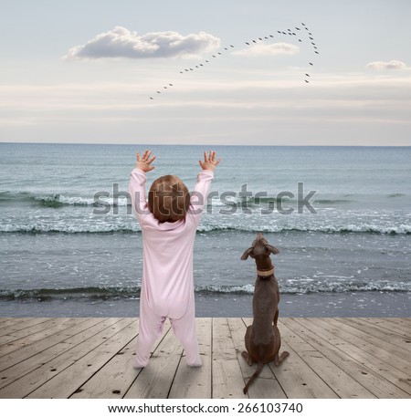 small child and a dog watching a flock of birds