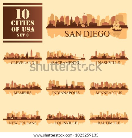 10 cities of United States of America #3, detailed isolated silhouettes, vector illustration. 