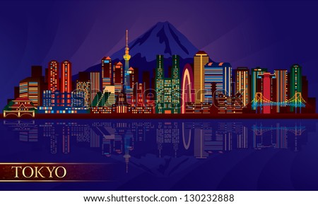 Tokyo city night skyline. Vector silhouette illustration