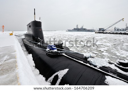 Navy Submarine, in the winter port, front view, Baltic Sea