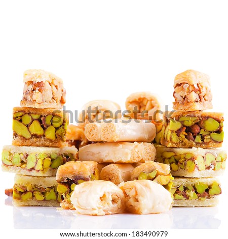 Big set of oriental sweets isolated on white