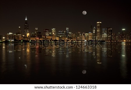 Chicago Skyline with the Moon rising on the Horizon