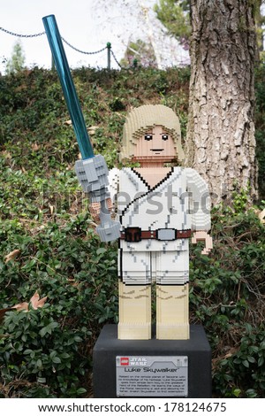 CARLSBAD, US, FEB 6: Star Wars Luke Skywalker figure made with lego bricks at Legoland in Carlsbad, California on Feb 6, 2014.