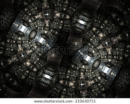 Intriguing abstract techno background with elements of metal, made in contrasting black and  silver gamma