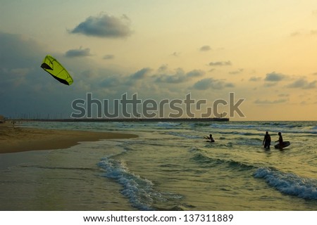 kite surfing on the mediterranean coast, ashdod, israel.