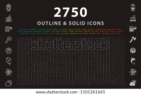 Set of 2750 Outline and Solid Icons on Black Background . Vector Isolated Elements