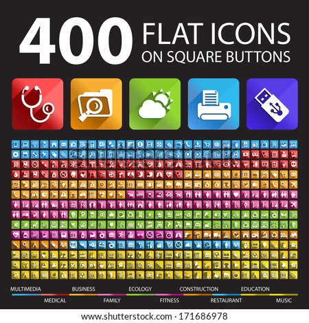 400 Flat Icons on Square Buttons.