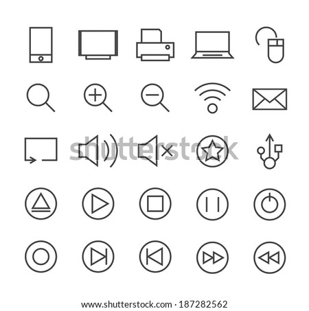 Set of Minimal Simple Multimedia and Interface Thin Line Icons on White Background 1.
