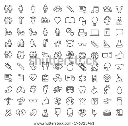 Set of 100 Minimal Modern Elegant White Stroke Icons (Family, People Education, School and Medical)