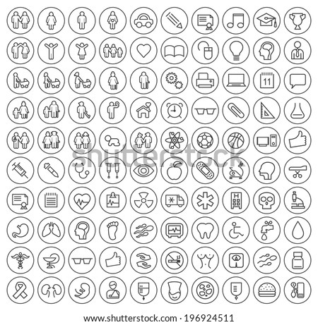 Set of 100 Universal Minimal Black Stroke Icons on Circular Buttons (Education, School, Family, People and Medical)