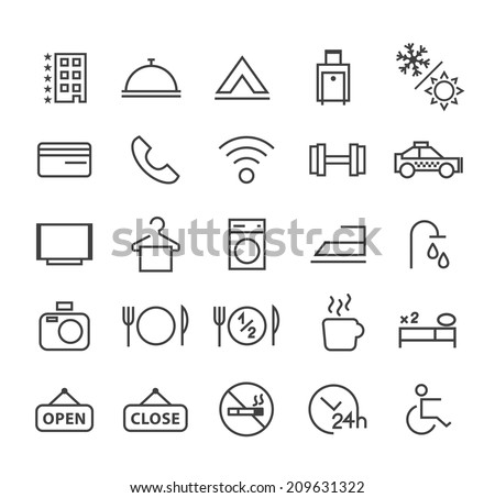 Set of Quality Universal Standard Minimal Simple Hotel Black Thin Line Icons on White Background.