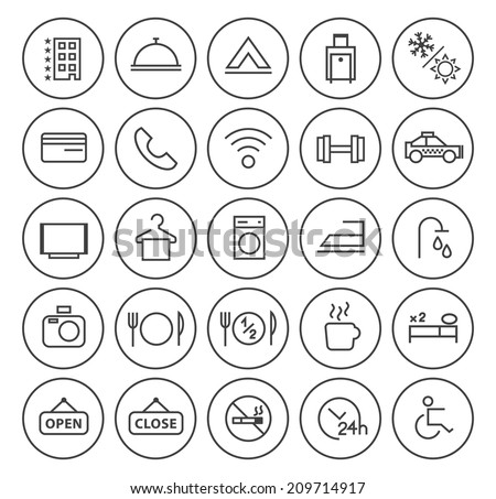 Set of Quality Universal Standard Minimal Simple Hotel Black Thin Line Icons on Circular Buttons on White Background.