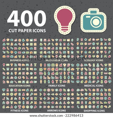 Set of 400 New Modern Universal Standard Icons Paper Cut Style on Black Background.