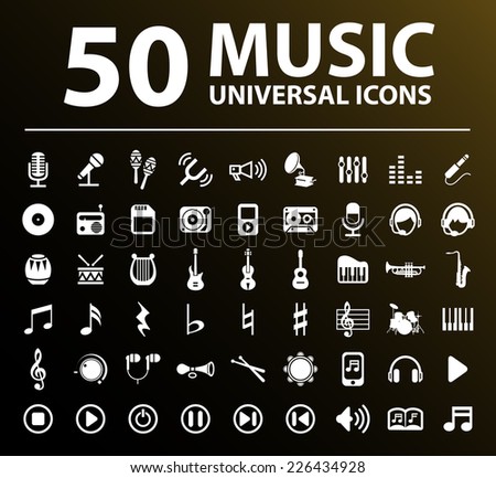 50 Universal Standard Elegant High Quality White Music Icons on Black Background.