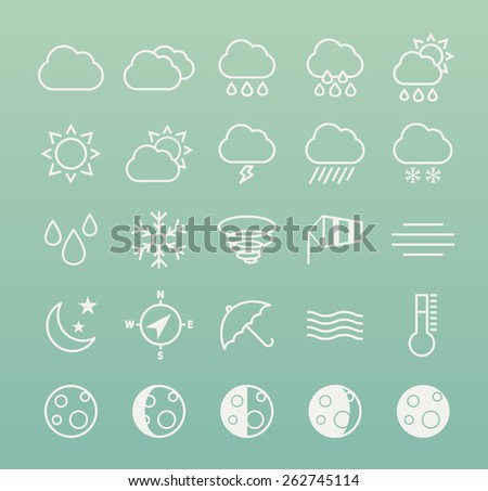 Set of Isolated Quality Universal Standard Minimal Simple White Weather Thin Line Icons on Color Background.