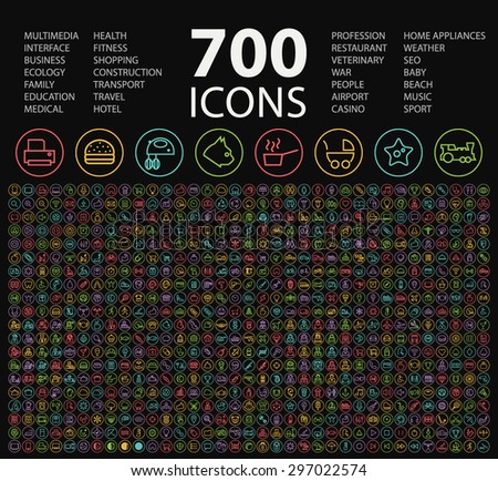 Set of 700 Minimal Universal Isolated Modern Elegant Neon Color Thin Line Icons on Circular Buttons on Black Background.