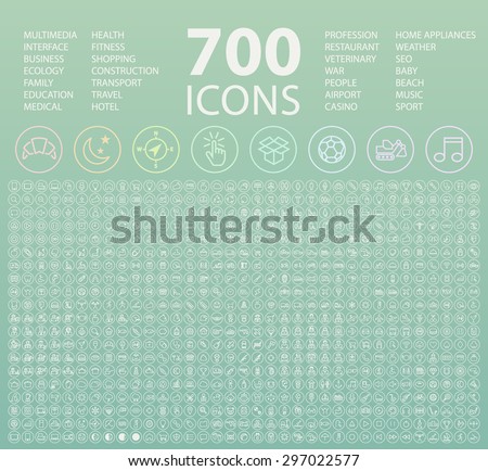 Set of 700 Minimal Universal Isolated Modern Elegant White Thin Line Icons on Circular Buttons on Colour Background.