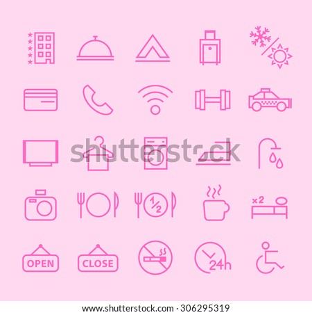 Set of Isolated Modern Minimalistic Simple Hotel Thin Line Icons on Color Background. 