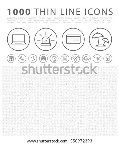 Set of 1000 Isolated Minimal Modern Simple Elegant Black Icons on Circular Buttons. Vector Elements on White Background.