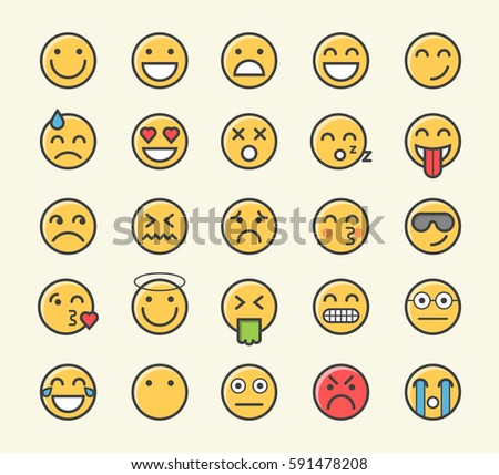 Set of 25 Minimalistic Solid Line Coloured Emoticon. Isolated Vector Elements