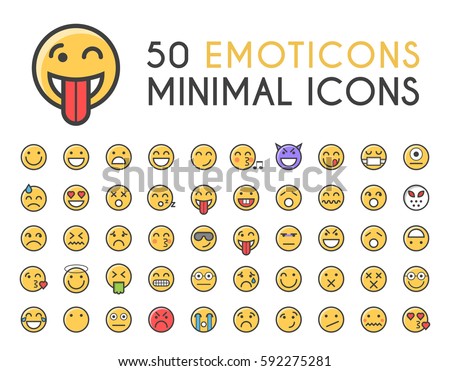 Set of 50 Minimalistic Solid Line Coloured Emoticons Icons . Isolated Vector Elements