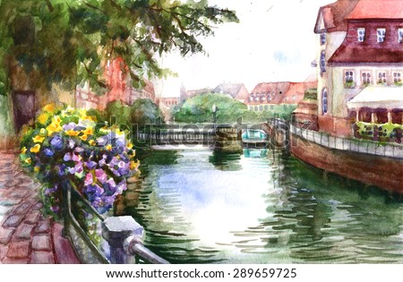 City Landscape.Street and river in the town.Watercolor sketch..