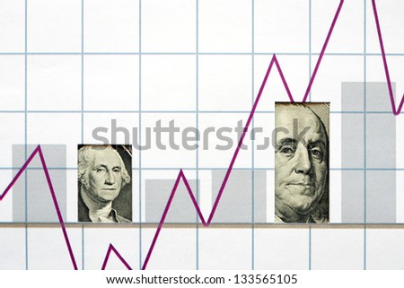 Profit concept. Closeup of two dollar bank notes inside hole in paper with chart
