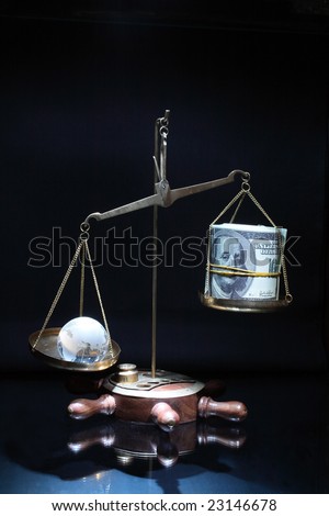 Antique balance with globe and money