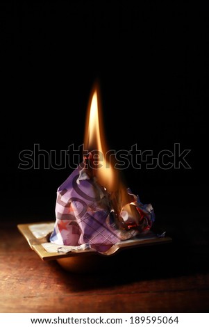 Burning European bank note in ashtray on dark background