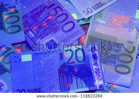 Euro currency in UV light protection/Euro in UV light/Euro currency in UV light protection/