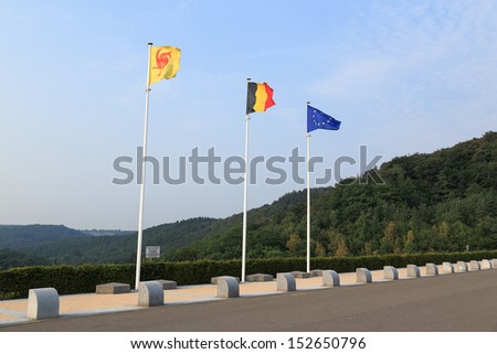 Wallonia, Belgium and europe flags all together and aligned. nobody