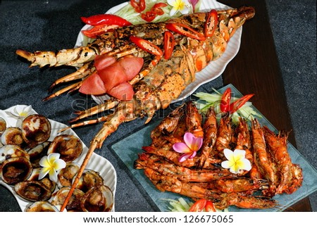 Grilled Seafood & Lobster, Grilled Lobster, Jumbo Prawns and shells