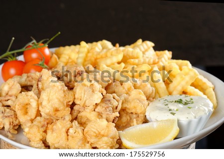 Fried calamari, pommes frittes,fried squid with lemon and tartare sauce
