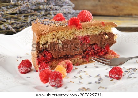 Chocolate mousse buckwheat cake with raspberries and lavender