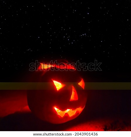 closeup halloween pumpkin on starry sky background, jack-o-lantern traditional holiday scene Foto stock © 
