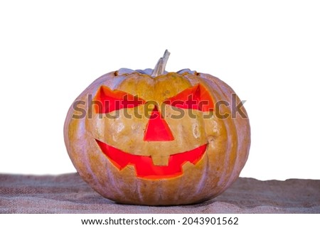 closeup halloween pumpkin isolated on white background, jack-o-lantern traditional holiday scene Foto stock © 