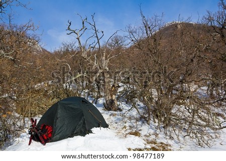 touristic tent in a winter mountains
